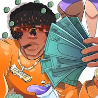 a cartoon of a man with money in his hands