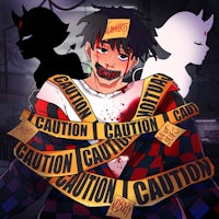 an anime character with caution tape on his face