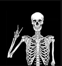 a black and white drawing of a skeleton making a peace sign